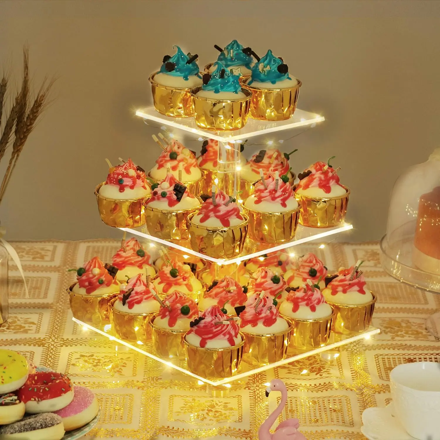 3 Tier Clear Square Acrylic Cupcake Stand - Premium Cake Holder Tower Table Display with LED Yellow Light String - Candy Bar Party Décor for Weddings, Birthday Parties
