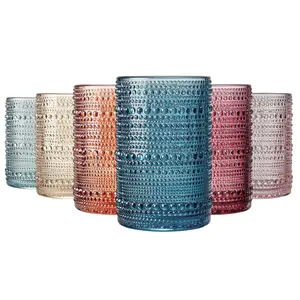 Khen Beaded Highball Drinking Tumbler Set | Set of 6 | Holiday Decor Vintage Hobnail 12 OZ Muted Bubble Design Whiskey Glassware, Old-Fashioned, Embossed Design Glass for Water Wine, Cocktail