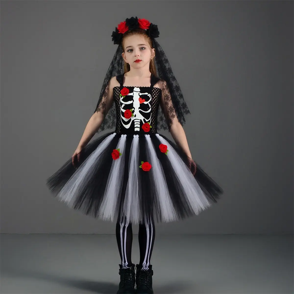 Kids' 2026 Halloween Zombie Bridal 3-Piece Set - Spooky Skeleton 3D Rose Mesh Material Dress, Veil, Sockings, Zombie Look, Prop 65 Safe (Sports & Outdoor Accessory)