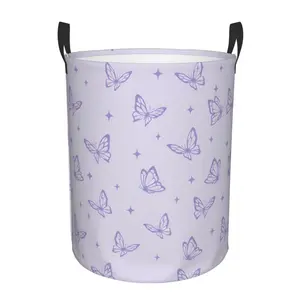 Round Foldable Room Hamper with a Purple Watercolor Butterfly Design, Perfect for Laundry And Miscellaneous Items, Ideal for Closet And Bathroom Storage, Excellent for Bedroom Organization And Daily Use, Laundry Baskets