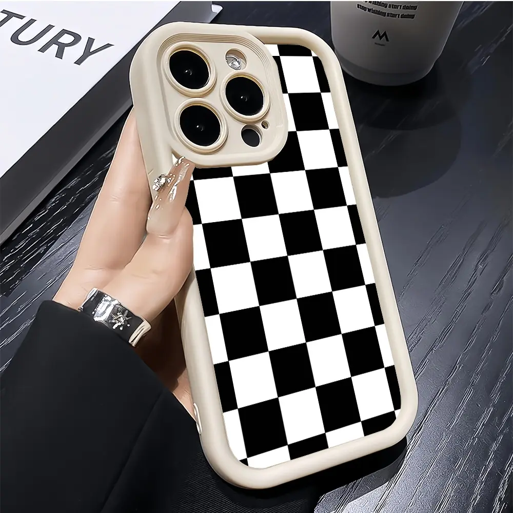 Black Checkerboard Smartphone Case, 1.2mm Soft TPU Bumper Silicone Protector with Rugged Durable Back Cover, Shockproof Drop-Protection Accessory for iPhone 11,12,13,14,15 Plus,16,17 Pro Max, Stylish Mobile Device Accessory (Ideal for Girls), Accessories