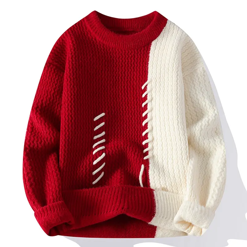 Unisex colorblock crew neck long sleeve sweater, casual thick warm knit pullover base shirt, comfortable high-quality fabric with stylish line design and cable knit pattern, suitable for autumn and winter wear