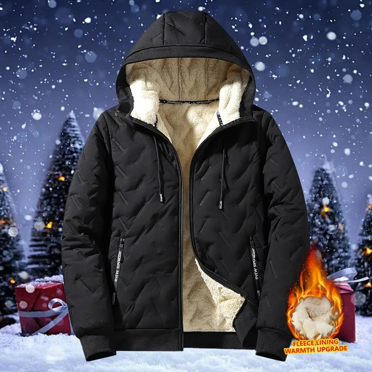 Men's Plain Hooded Quilted Puffer Coat - Autumn/Winter Regular Fit Menswear Outerwear, Stylish Athletic Fleece Long Sleeve, Padded Full-Zip, Soft Polyester Lining, Zippered Pockets, Machine Washable Cold Weather Casual Top, Coats