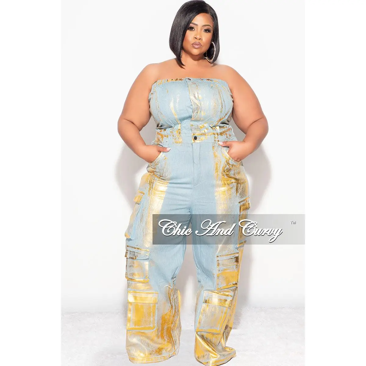 Final Sale Plus Size Cargo Jumpsuit in Denim Gold Foil