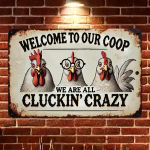 1pc 2D Plane Farmhouse Chicken Coop Sign - Vintage Metal Wall Decor with Rooster Pattern - "Welcome to Our Chicken Coop - We're All Crazy Like Chickens", Iron Construction, Country Kitchen, Home Decoration, Vintage Plaque Decor