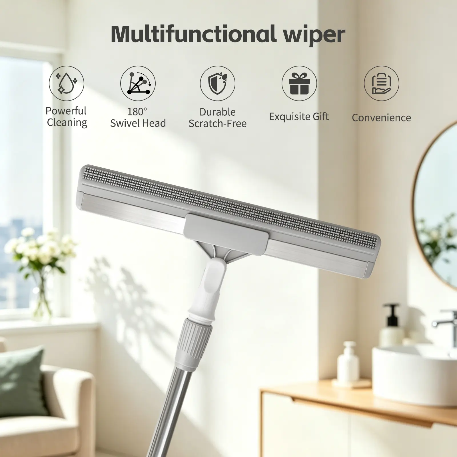2-in-1 Silicone Multi-Functional Broom with Handle - 16x43 in, 43" Height (109cm), 180° Swivel Head, Scrub Brush, Pet Hair Remover, Adjustable Handle, Combines Functionality with Convenience for Hardwood, Tile