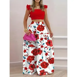 YehGoods 2026 Women's Solid Ruched Ruffle Floral Print Skirt Two-piece Set Elegant Boho Crop Top & Shirred Maxi for Beach Holiday Vacation Summer Clothes Tiktokshopspringglowup Matching Women's Suit Gamis Sleeveless
