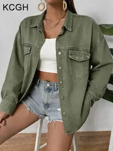 KCGH Plus Size Women's Drop Shoulder Long Sleeve Denim Coat Button Down Loose Slim Fit Y2K Vintage Casual Jacket All Season Streetwear Collared Outerwear
