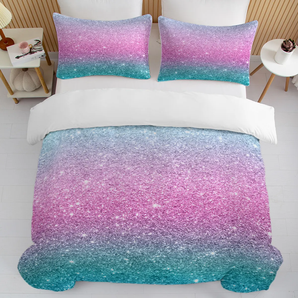 【Back to School】3Pcs Gradient Glitter Bedding Set , Colorful Rainbow All-Season Comforter Set, Ultra Soft Bedding Collections