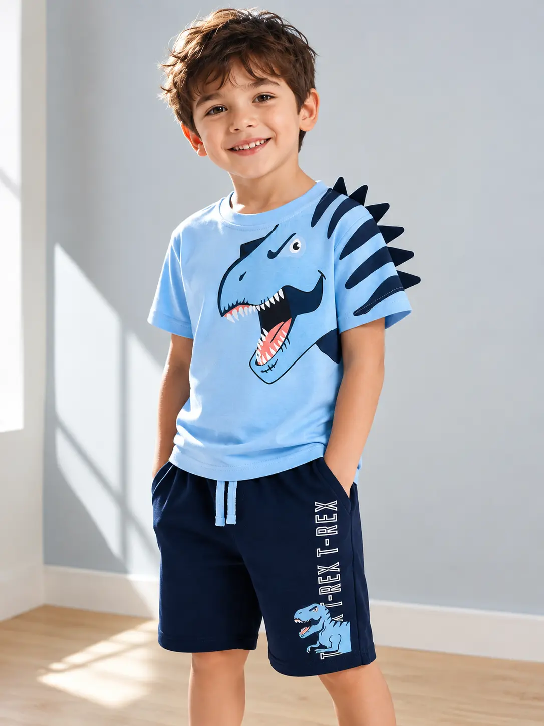 Toddler Boys Dinosaur Outfit Set Cotton Graphic T Shirt and Shorts Set with 3D Spikes and Pockets