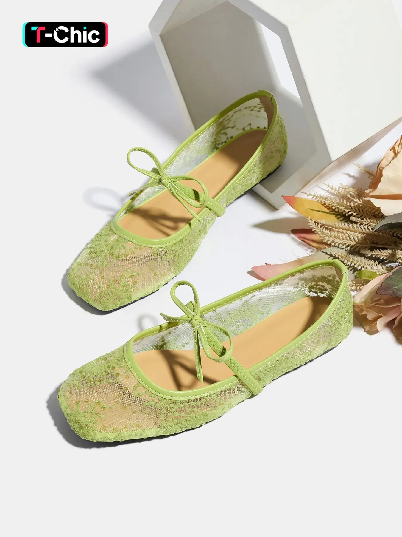 Women's Flat Ballet Shoes, Butterfly Knot Floral Embroidery, Breathable Mesh Square Toe Rhinestone Mary Jane Slip On Flats