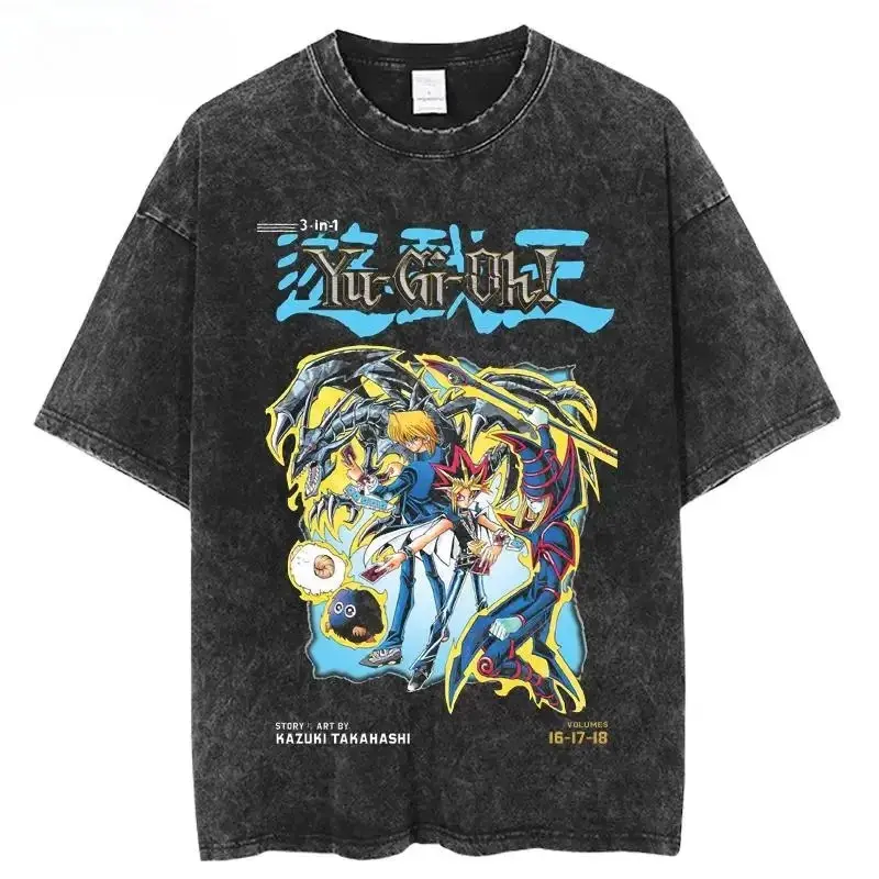 Menswear Yu-Gi-Oh Oversized 3-in-1 Round Neck Short Sleeve T-Shirt, Casual Stylish Vintage Anime Graphic Tee, Acid Wash Streetwear, Blue Kanji Logo Red-Eyes Black Dragon Front Print, Heavyweight Cotton Harajuku Unisex Apparel