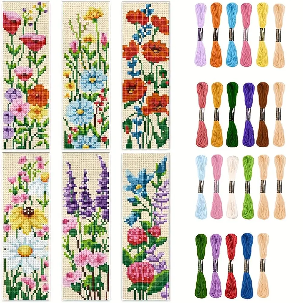 Flower Pattern Cross Stitch Bookmark, 6 Counts/set DIY Cross Stitch Kit, Cross Stitch Decoration, Suitable for Sewing Beginners and Craft Lovers, Embroidery Craft Art