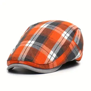 Vintage Plaid Beret Hat for Women & Men - Lightweight Summer British Style Casual Cap, Hand Washable, Orange Check Pattern, Beret Ca