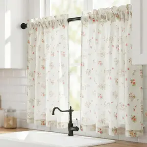 Cottagecore  Kitchen Curtains - Faux Linen Cafe Curtains 24 Inch Length -  Rose Short Curtains for Small Window Over Sink, Shabby Chic Decor Set of 2 Panels Rod Pocket
