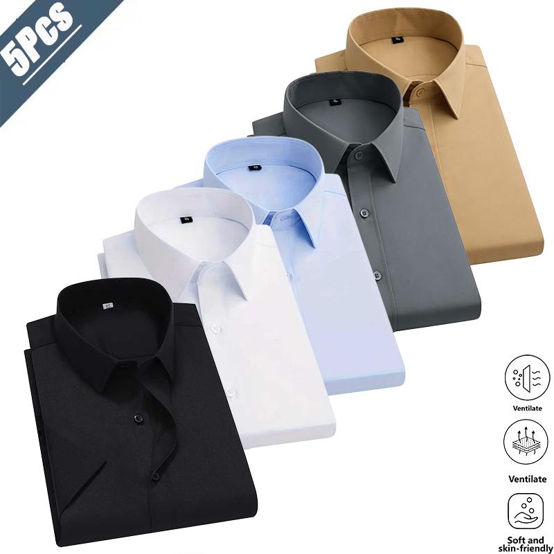 Men&rsquo;s solid-color dress shirts, 5-pack &mdash; a light‑mature professional commuter style. Made from skin‑friendly, breathable, wrinkle‑resistant, non‑iron fabric that&rsquo;s easy to care for and won&rsquo;t lose shape. Classic notched lapel, single‑breasted design&mdash;simple