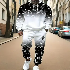 Men's casual fashion hoodie and sweatpants set - polyester fiber, machine washable, spring/ autumn printed design, two-piece set, casual style