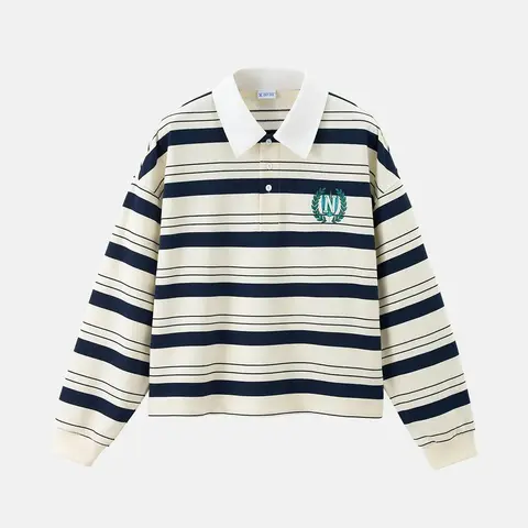 inflation Men's Retro Trending Striped Collared Crop Top Polo Shirt - Navy & Cream Blue Accent Stripes, Long-Sleeve Boxy Clothes, Casual Campus Streetwear Trending Clothing