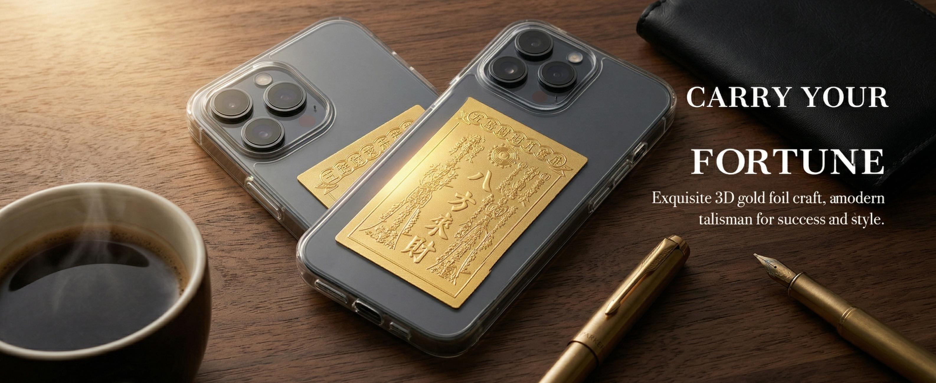 Wealth Amulet—An amulet for wealth, success, and good fortune; the Chinese Feng Shui God of Wealth; made of gold-foil; designed for wallets and as a phone sticker