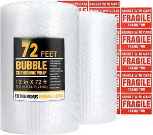 Bubble Cushioning Wrap Roll,  12 Inch x 72  Total [2 Rolls of 36 ] Bubble Roll Perforated 12 Inch Included 20 Fragile Sticker Label