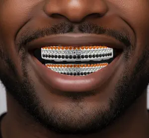 Team Color Silver Iced CZ Teeth Bling Grillz Orange Black