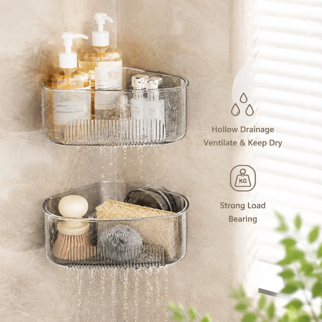 1 Count, Wall Mounted Suction Cup Corner Storage Shelf with Hollow Drainage Holes, Detachable Organizer for Bathroom, Kitchen and Sink Use