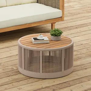 Outdoor Rattan Rope & Acacia Wood Coffee Table - Patio Balcony Furniture for Garden, Yard, Balcony - Weather Resistant (Rope Beige, Natural Iron)