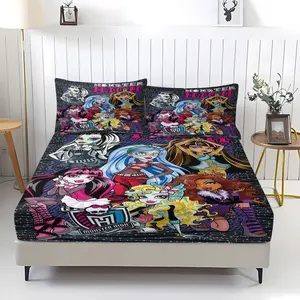 Monster High Pattern Whimsical Design Fitted Sheet,Includes 1 Bed Sheet and 2 Pillowcases,Comfortable Bedding,Non slip Dust Cover Suitable for Bedroom Decoration of Teenagers and Adults, Bed Sets