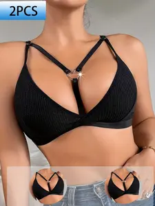 2-piece set solid color sexy heart buckle triangle bra, wire-free women's bra