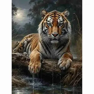 Majestic Tiger in Moonlit Forest Diamond Painting Kit, Realistic Big Cat Wildlife Art, 5D Full Drill Round & Square Rhinestone Cross Stitch, Night Jungle Water Scene, Wild Animal Home Decor, Tiger Lover DIY Craft Supplies