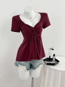 Sable x Elamini Casual Versatile Twist Knot V-Neck Short Sleeve T-Shirt For Women, Available In All Seasons Red Burgundy