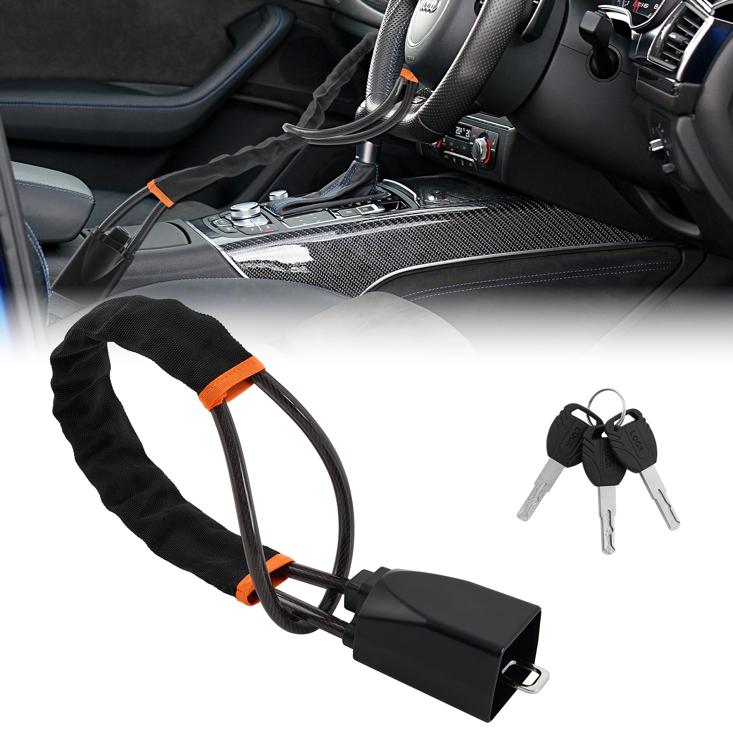 Upgraded car Steering Wheel Lock Anti Theft Car Device Multi-Functional Seat Belt Lock Thickened Steel Wire Fine Stitched Edges 3 Keys Included, Easy to Store Fits Most Cars Vehicles SUVs