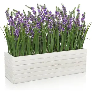 14 Inch Artificial Lavender Flower Arrangement in Rustic Rectangular Wood Planter Box Purple Fake Lavender Flower Faux Potted Lavenders Plants for Table Centerpiece Windowsill Shelf Home Indoor
