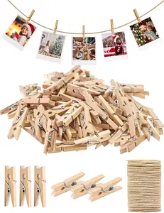 Sturdy Mini Clothes Pins for Photo, 150 Pcs 1 Inch Natural Wooden Clothespins with 33 FT Jute Twine, Small Clips for Crafts Display, Baby Shower Game, Hanging Decorative Pictures, Cocktail, Weddings