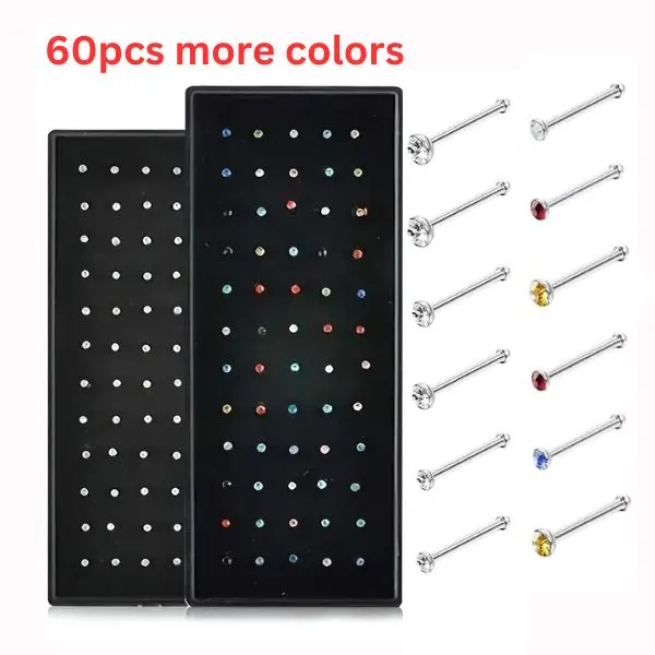 Rhinestone Decor Nose Studs, 60 Counts, Piercing Jewelry, Stainless Steel & Synthetic Zirconia Nose Ring, Unisex Piercing Jewelry for Men & Women, Gift for Her/Him Under $15 Jewelry Clearance Sale