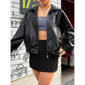 Full zip off shoulder jacket, casual solid color long sleeved lapel PU leather jacket, women's clothing
