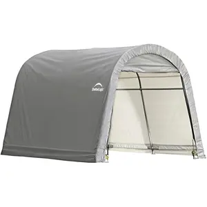 10' x 10' Shed-in-a-Box All Season Steel Metal Round Roof Outdoor Storage Shed with Waterproof Cover and Heavy Duty Reusable Auger Anchors, Grey