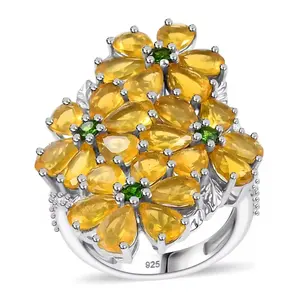 Tanzanian Yellow Opal, Chrome Diopside & Zircon Flower Cluster Ring in Rhodium over Sterling Silver 7.10ctw