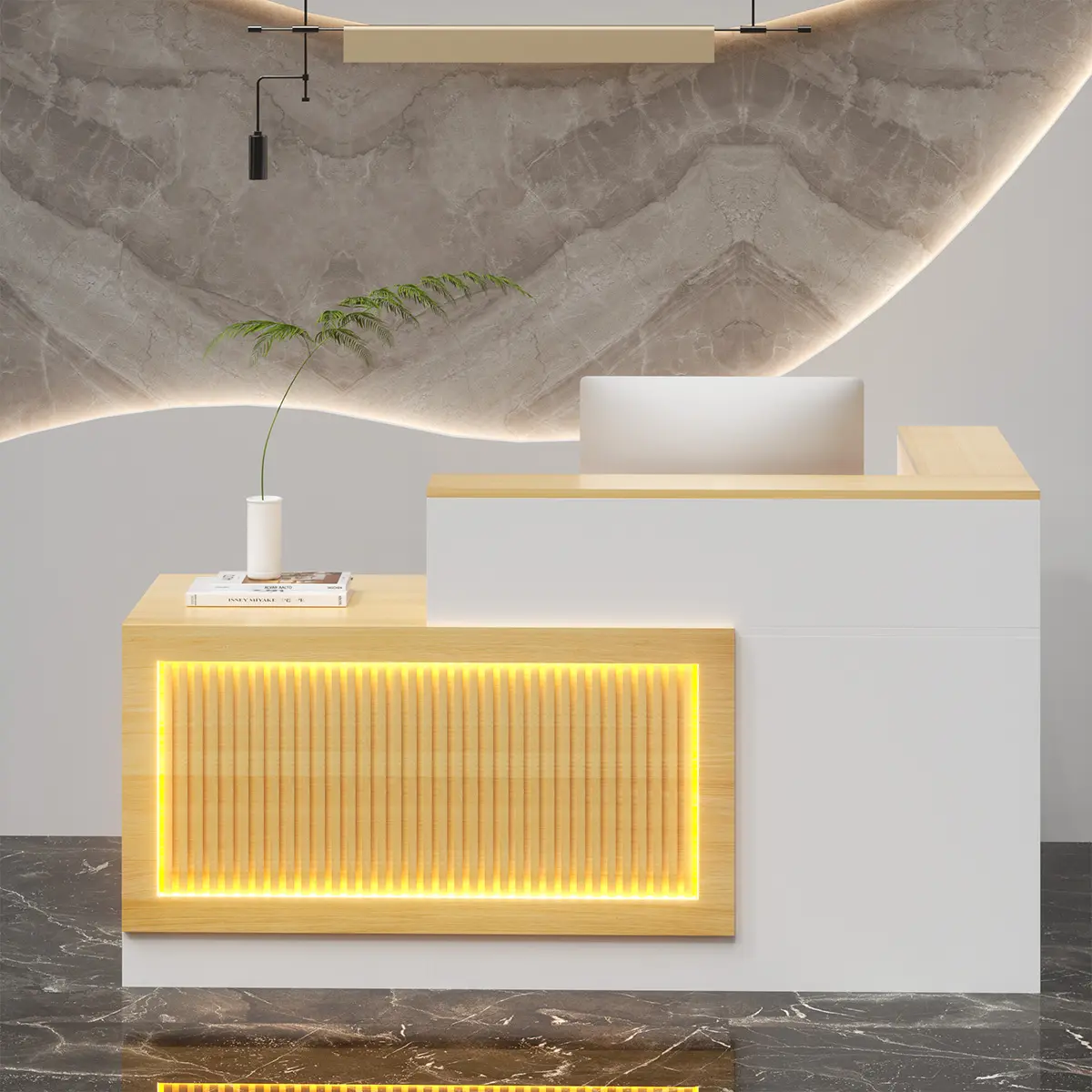L-Shaped Reception Desk High Low Grid Wood Color with Drawer Cord Hole Keyboard Tray for Modern Office Use Assembly Required