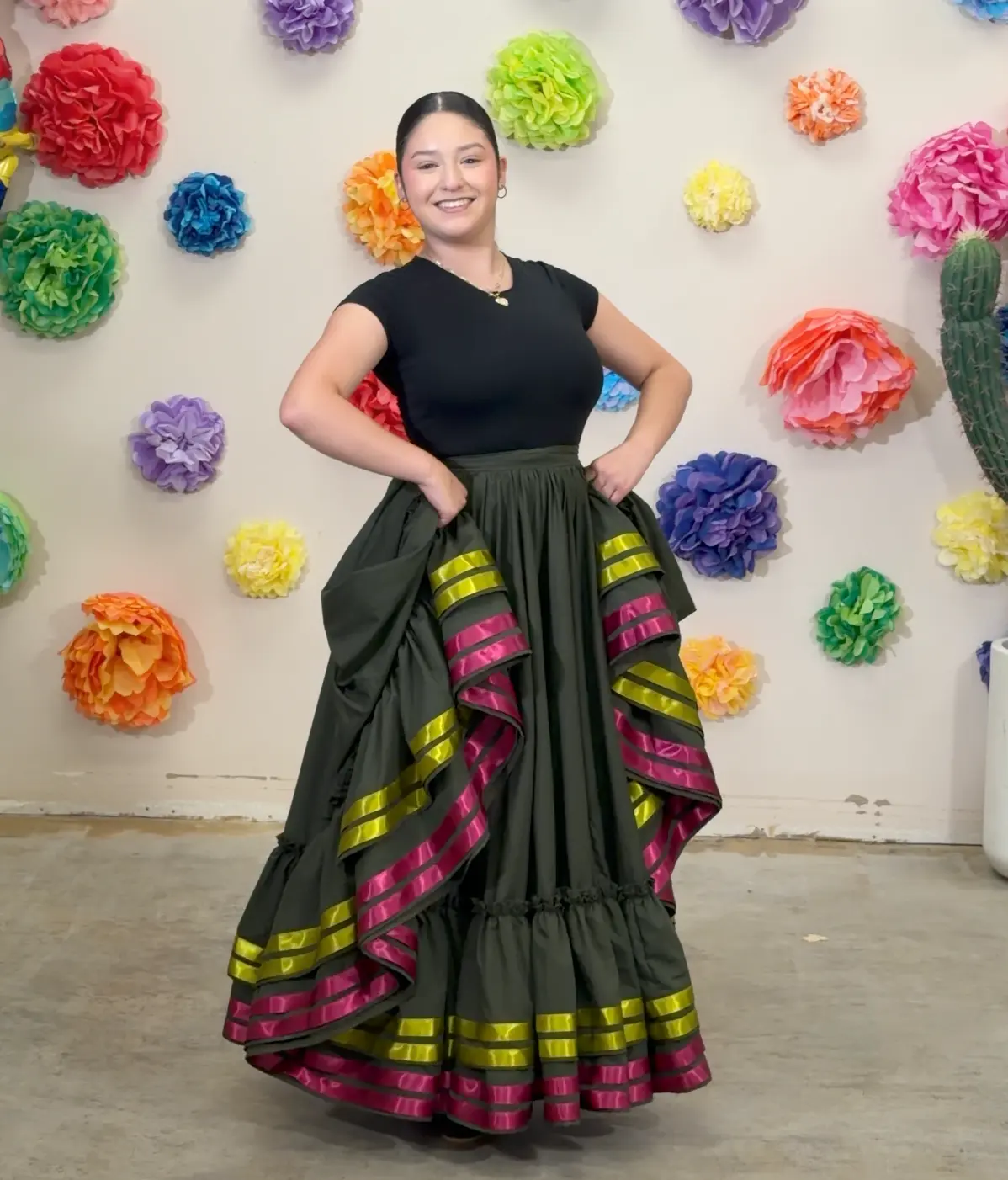 Hoja de Maiz Doble Vuelo Folklórico Practice Skirt- Doble Olán - Army Green
