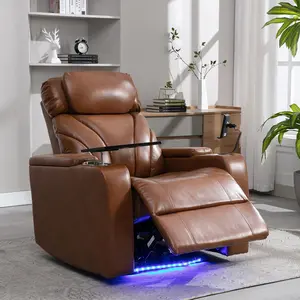 Large Power Motion Recliner Chair with USB Charging Port and Hidden Arm Storage, Home Theater Seating Single Sofa Chair with Convenient Cup Holder Design and Stereo for Living Room, Light Brown