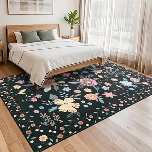 GAOMON 5x7 Kitchen Runner Floral Rug Runners for Hallway Bedroom,Soft Ultra-Thin Indoor Low Pile Flower Carpet with Non Slip Backing,Black