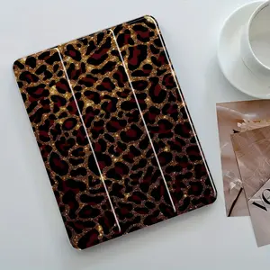Red & Gold Glitter Leopard Print Protective Tablet Case, 3-Tier Stand Transparent Acrylic Hard Back with Pencil Slot, Auto Wake/Sleep Shockproof Full Cover, Fits 7.9/8.3/10.2/10.5/10.9/11/12.9/13 Inch Tablets, Ideal for Luxury & Glam Style Enthusiasts