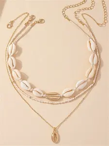 1 Set Of 3 Fashionable Beach Shell & Beaded Braided Necklaces For Women's Accessories