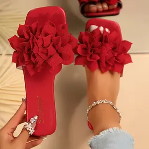 Bloom Elegance Sandals - Red Floral Design with Rhinestone Accents for Women's Footwear