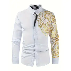 Men's Casual Long Sleeve Fashionable Golden Tribal Pattern Print Shirt, Slim Fit Dress Shirt For Party/Evening Out