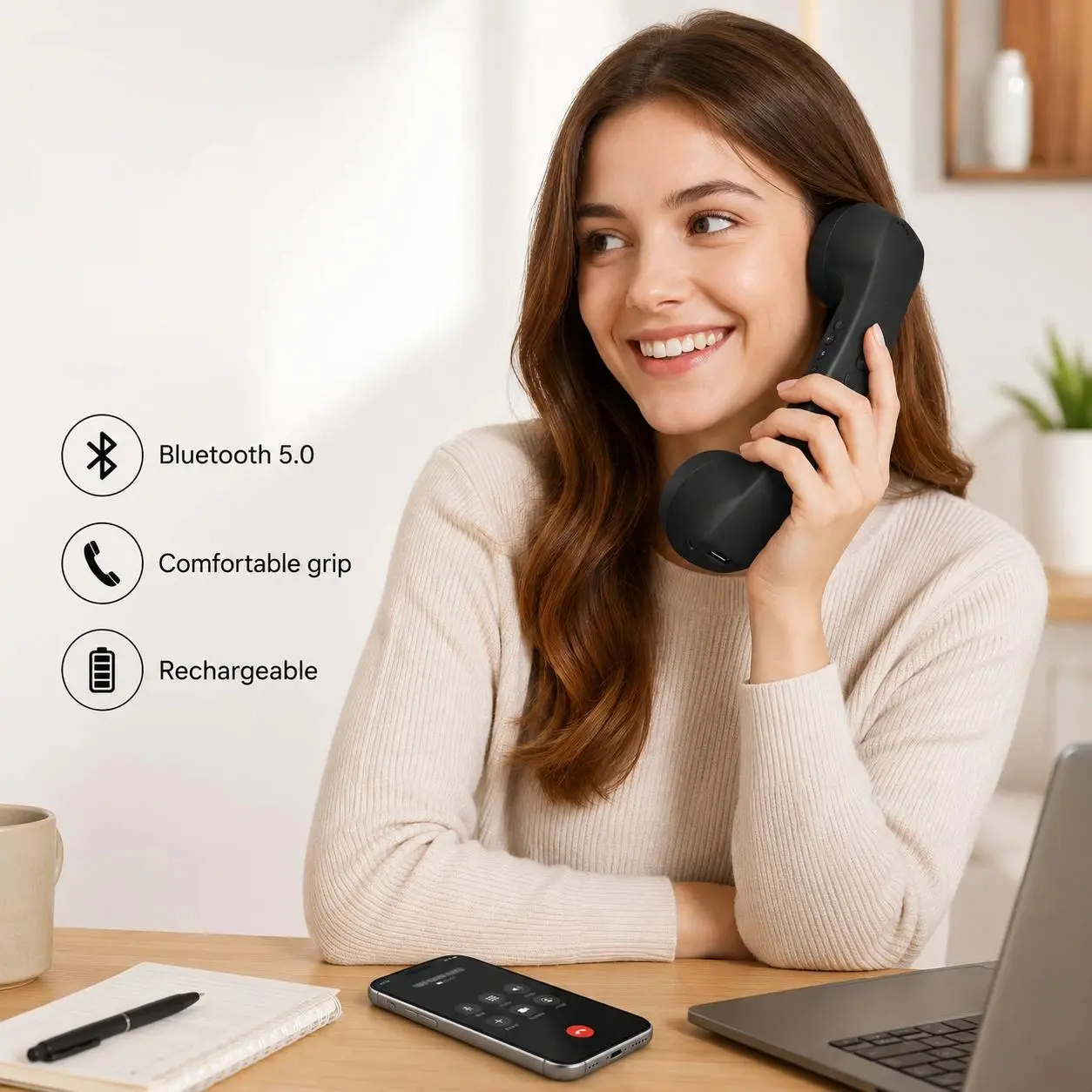 Vintage Retro Bluetooth Handset for Phone & Laptop, Vintage Y2K Style Wireless Receiver Compatible with iPhone Android PC, Home Office Desk Accessory Cute Home Office Gift