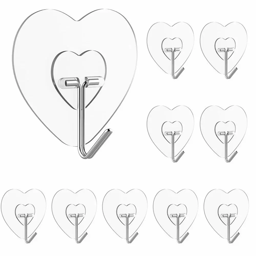 10Pcs Heart Shaped Adhesive Wall Hooks, Clear Self Adhesive Sticky Hangers, Great for Kitchen Bathroom Bedroom Storage, No Drill Home Organizer