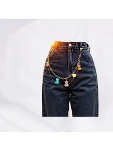 Fashionable women's waist chain. Colorful little bear heart-shaped pendant. Metal chain. Hip-hop punk denim double-layer belt chain.