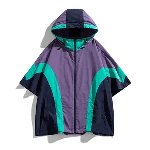 Color-block patchwork hooded short-sleeve sun-protection jacket for summer—lightweight, breathable ice silk with a cool feel, water-resistant; unisex casual sports jacket, couples’ matching outdoor sun-protection top #SummerWins
